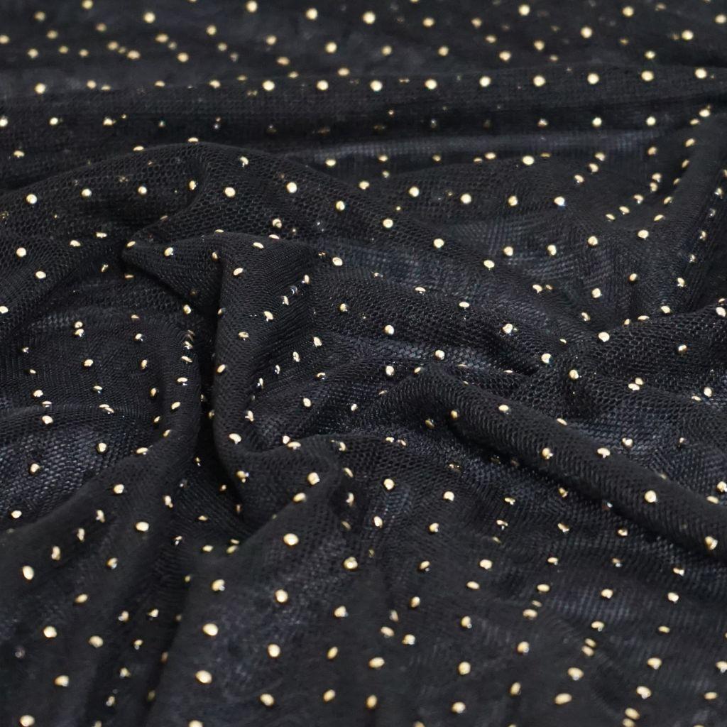 Feintüll mit goldenen Tropfen schwarz metallic